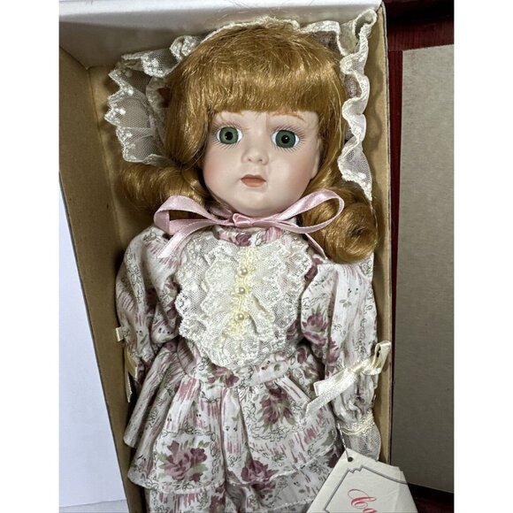 Dynasty Porcelain Doll Collection Blonde Green Eyes Purple Flower Dress - Picture 1 of 10